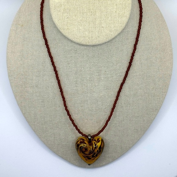Vtg Signed Hilary London Murano Glass Topaz Heart Pendant and Beaded Necklace - Picture 6 of 6